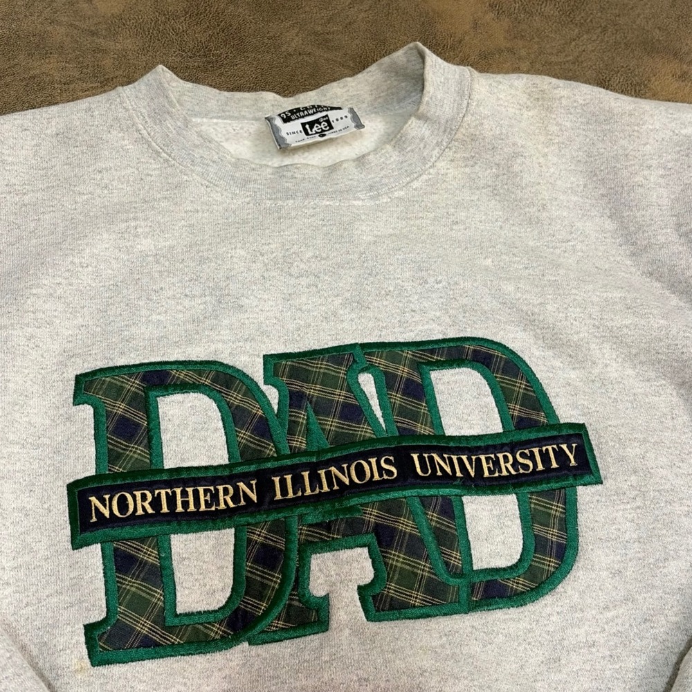 Lee Sweatshirt Mens L Grey Northern Illinois University Dad Plaid Vintage 90s